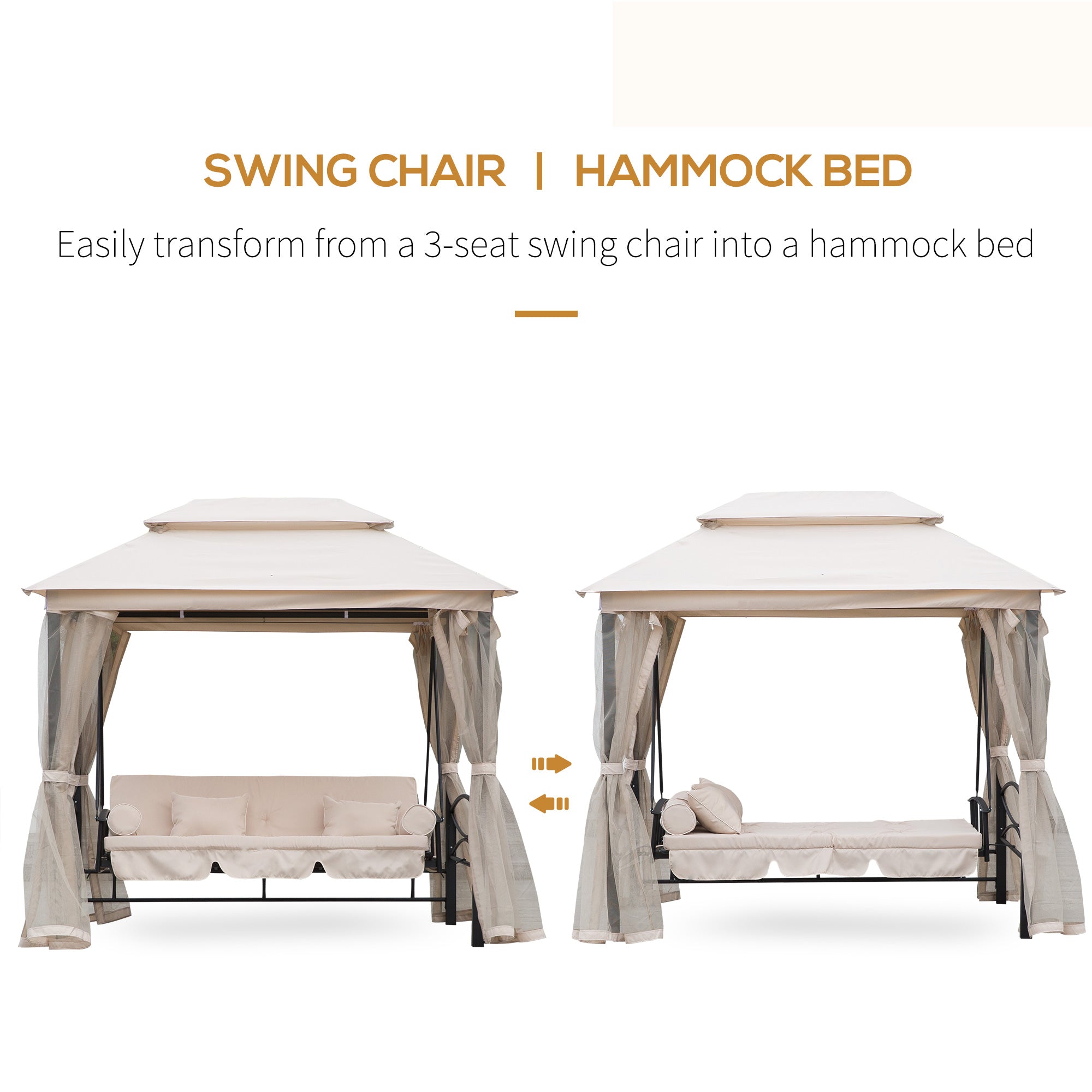 Outsunny 2-in-1 Convertible Gazebo Swing Chair Bed W/Netting, 245Lx165Wx243H cm-Beige/Black 
