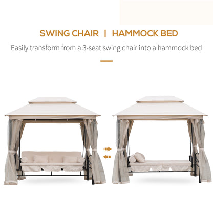 Outsunny 2-in-1 Convertible Gazebo Swing Chair Bed W/Netting, 245Lx165Wx243H cm-Beige/Black 