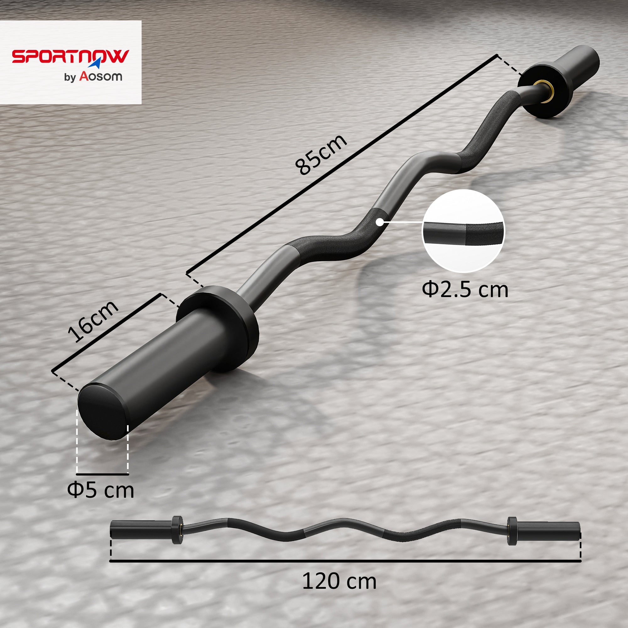 SPORTNOW 4ft Olympic EZ Curl Bar, Barbell Bar for 2" Weight Plates with Non-Slip Hand Grip 120cm 