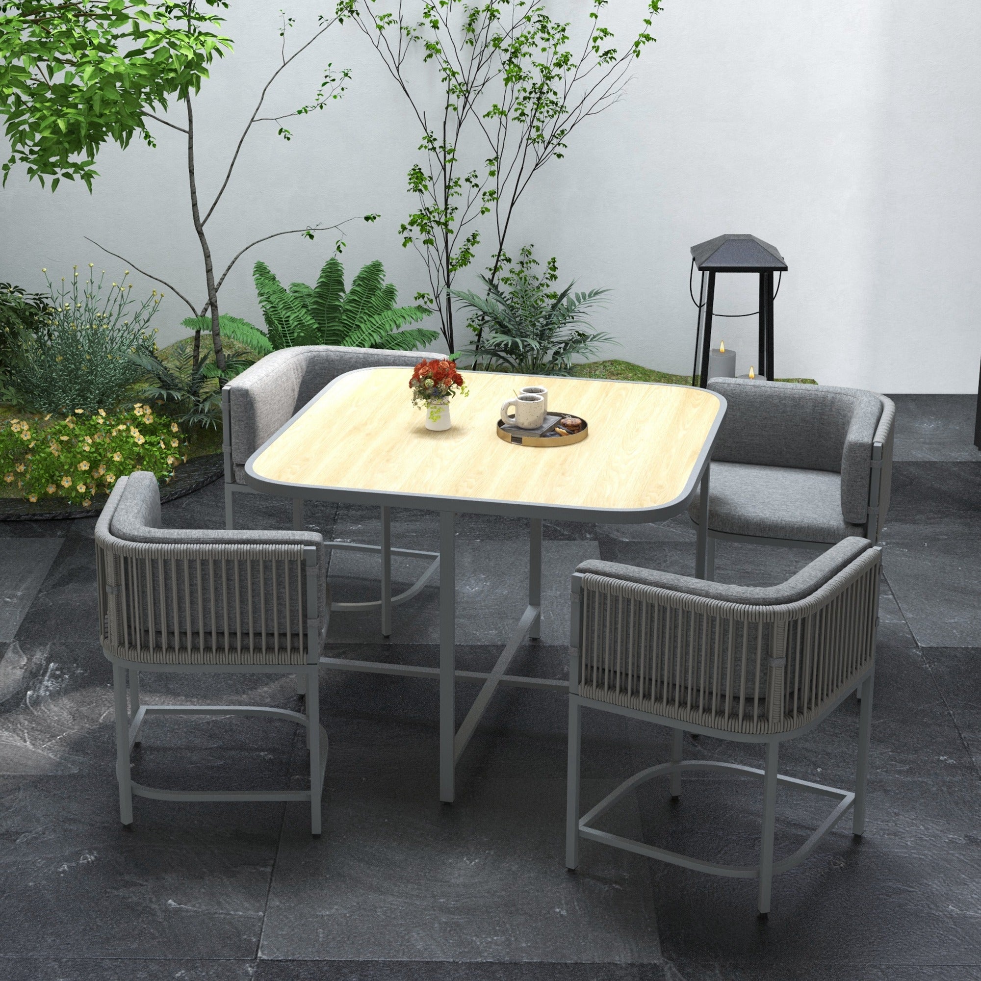 Outsunny 4 Seater Rattan Cube Garden Furniture Set with Cushions, Square Garden Dining Set with Stone Composite Board Top Table, Outdoor Dining Table and Chairs, Grey 