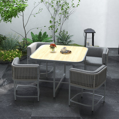 Outsunny 4 Seater Rattan Cube Garden Furniture Set with Cushions, Square Garden Dining Set with Stone Composite Board Top Table, Outdoor Dining Table and Chairs, Grey 