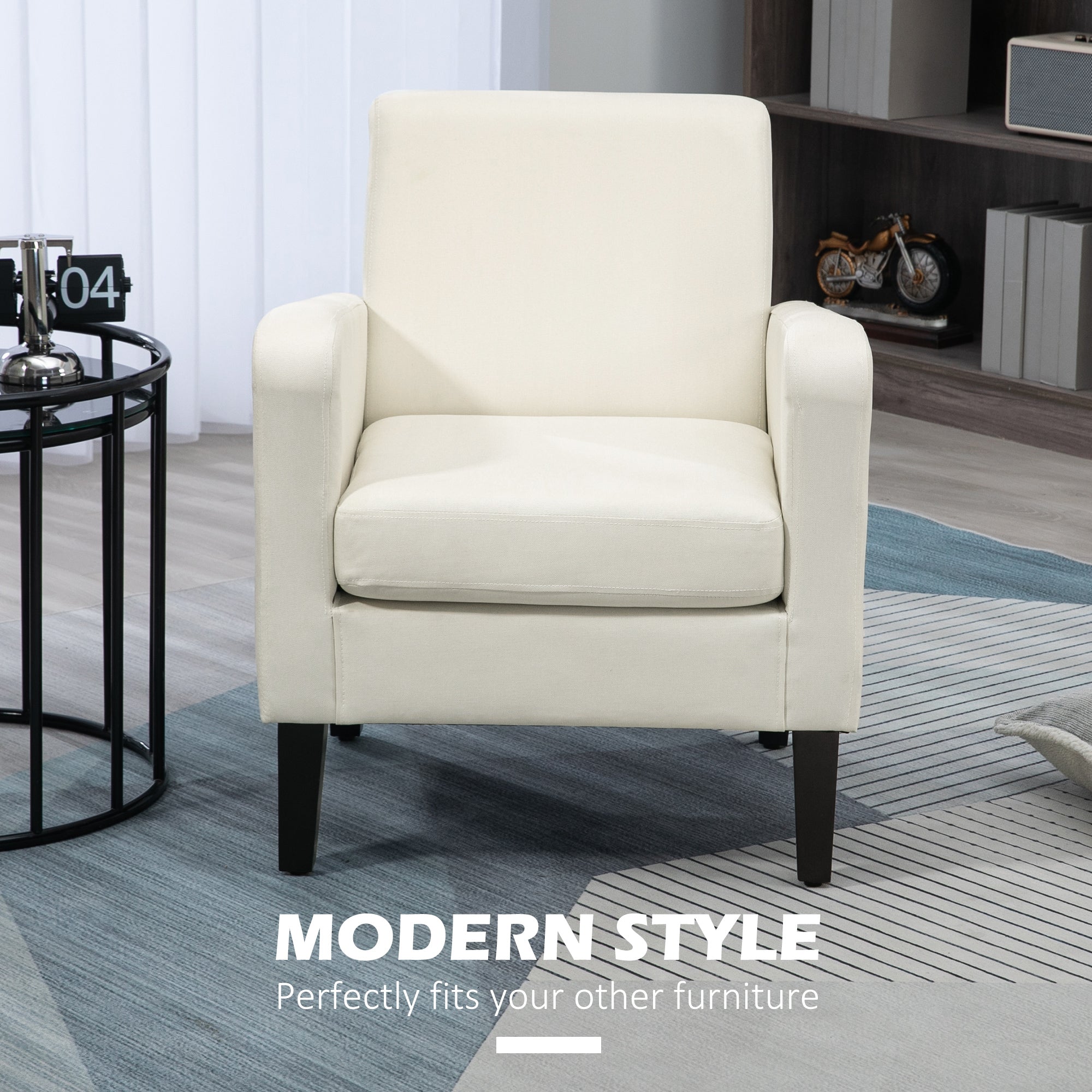 HOMCOM 2 Pieces Modern Armchairs with Rubber Wood Legs, Upholstered Accent Chairs, Single Sofa for Living Room, Bedroom, Cream White
