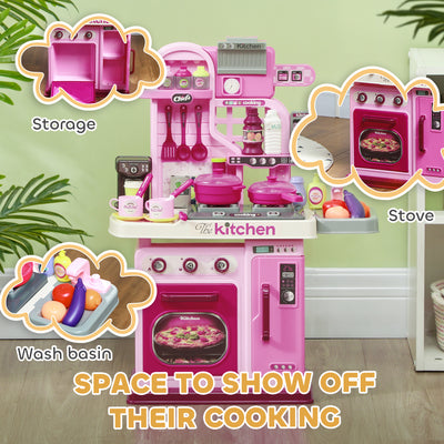 AIYAPLAY Kids Kitchen with 33 Pieces, Lights, Sounds, Storage, for Ages 3-6 Years, Pink 