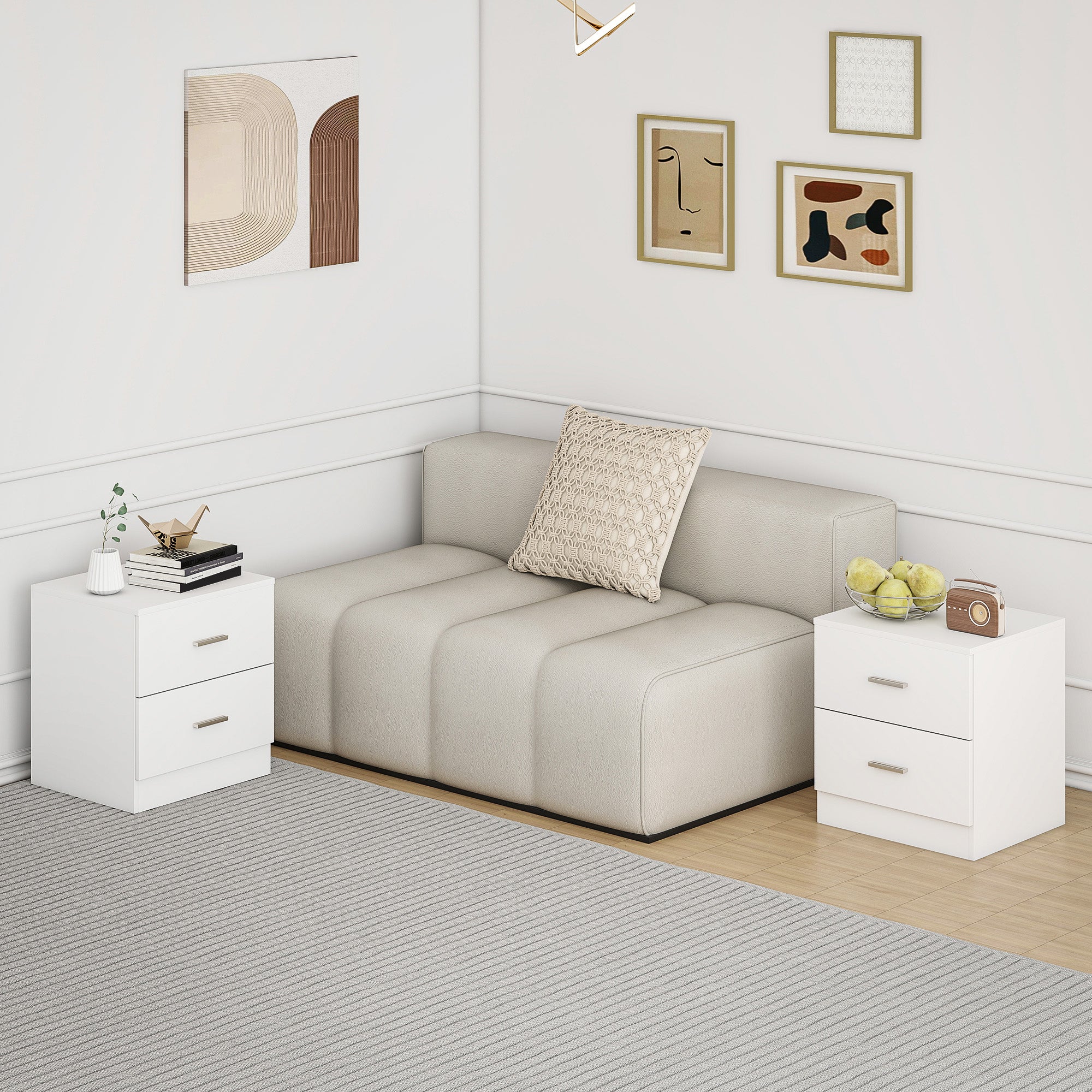 HOMCOM Set of 2 Modern Nightstands, Bedside Tables with 2 Storage Drawers, Accent End Table for Bedroom and Living Room, White 