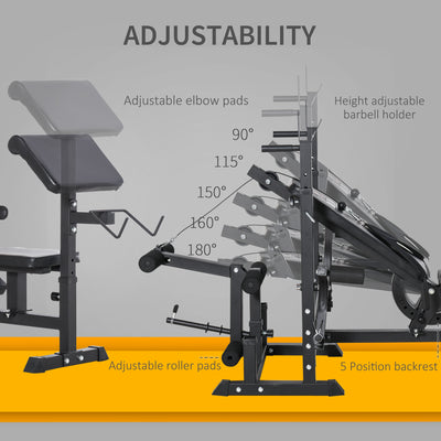 HOMCOM Weight Bench with Adjustable Barbell Rack, Leg Extension, Preacher Curl Pad and 20kg Barbell Set 