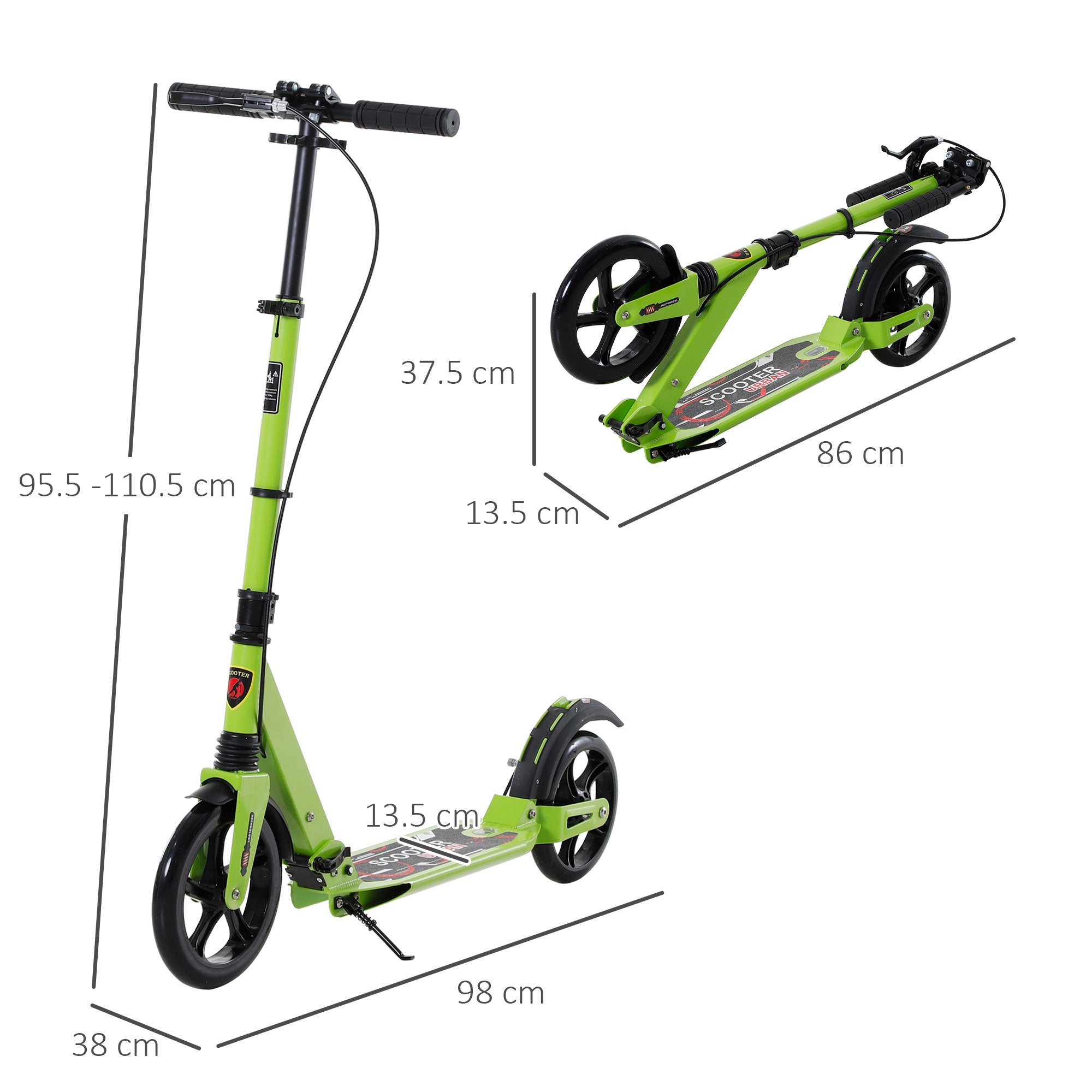 HOMCOM Kick Scooter, Folding 2 Wheel Scooter for 14+ Teens Adults, with Dual Brake System, Dual Suspension, 230mm Big Wheels, 3 Adjustable Handlebar, up to 100KG, Green 