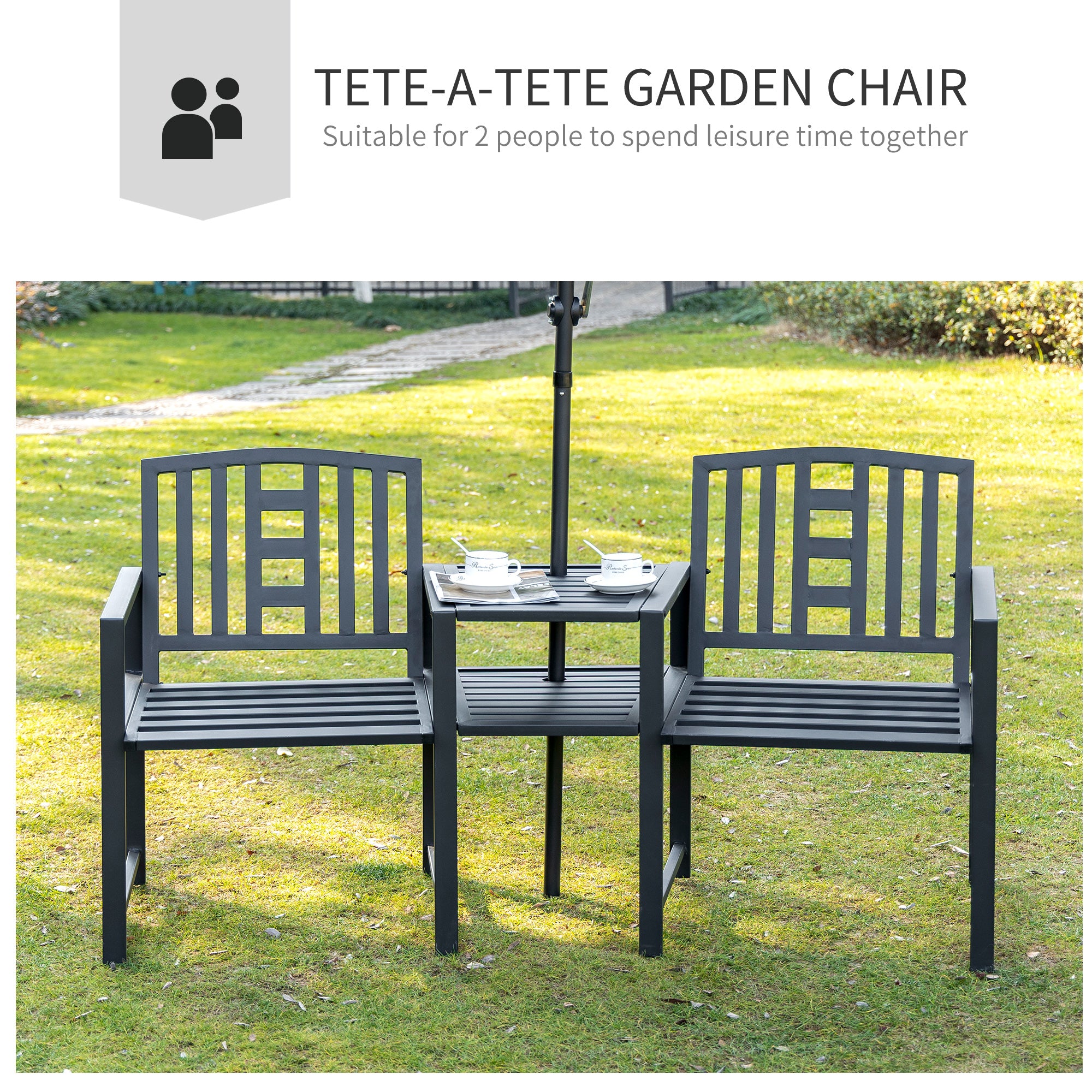Outsunny 2 Seat Garden Chair Bench Loveseats Jack and Jill Seat w/Coffee Table Slatted Design Patio Yard 