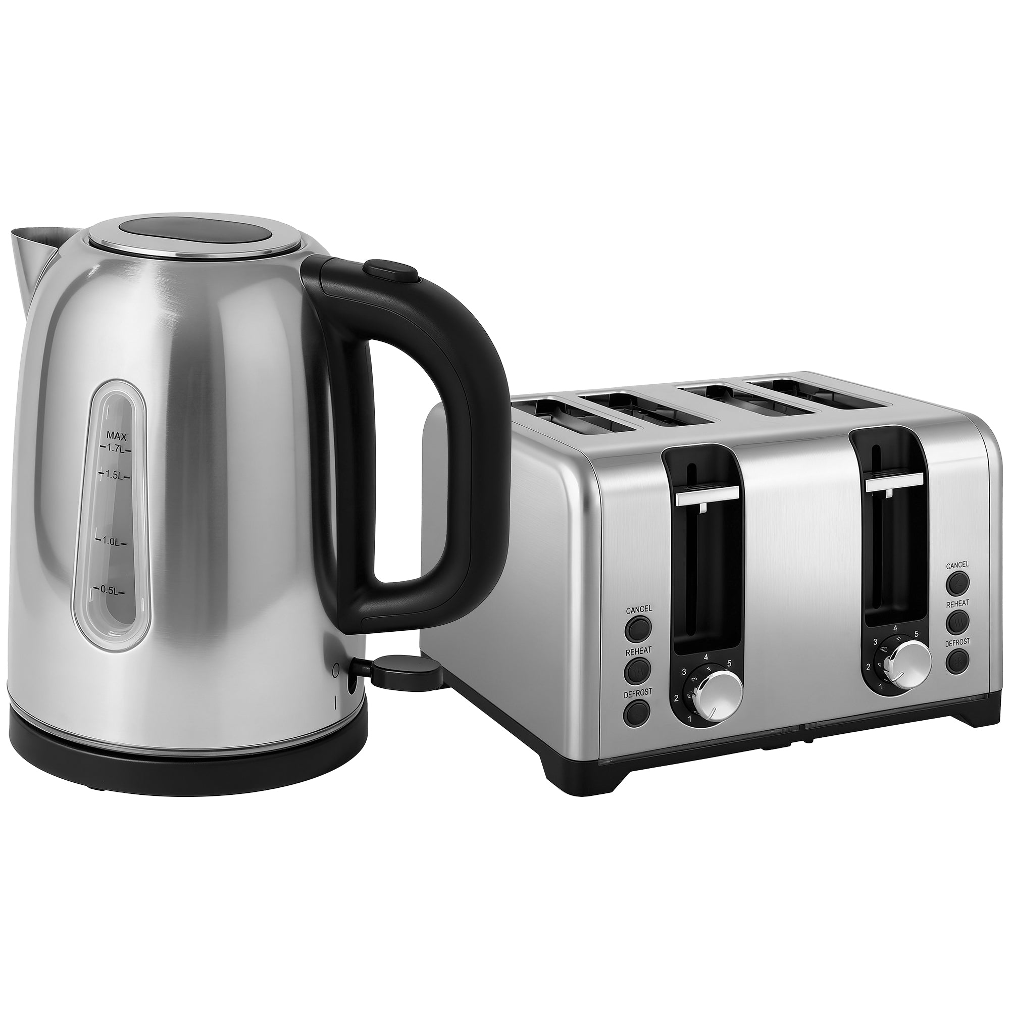 HOMCOM Kettle and Toaster Set, 1.7L 3000W Rapid Boil Jug Kettle with Otter Thermostat, Limescale Filter, 4 Slice Toaster with 7 Browning Controls, Crumb Tray, LED Strip, Silver Tone 