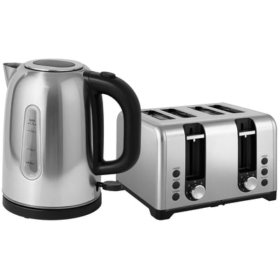 HOMCOM Kettle and Toaster Set, 1.7L 3000W Rapid Boil Jug Kettle with Otter Thermostat, Limescale Filter, 4 Slice Toaster with 7 Browning Controls, Crumb Tray, LED Strip, Silver Tone 