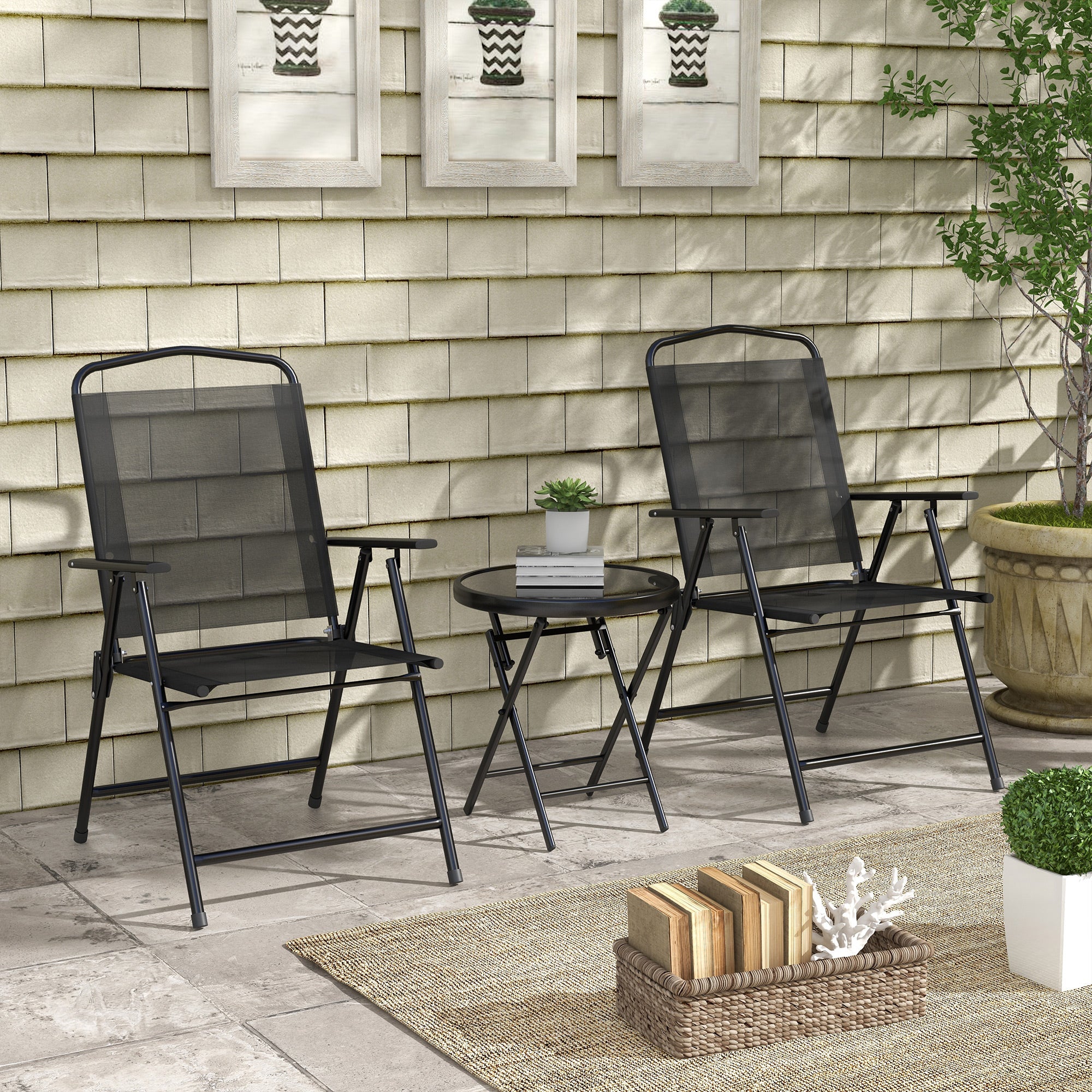Outsunny Three-Piece Garden Seat Set, with Glass-Top Table - Black 