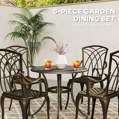 Outsunny 5 Pieces Garden Dining Set for 4, Cast Aluminium Outdoor Dining Set with 4 Armchairs and Round Dining Table with Parasol Hole, Garden Furniture Set, Bronze Tone 