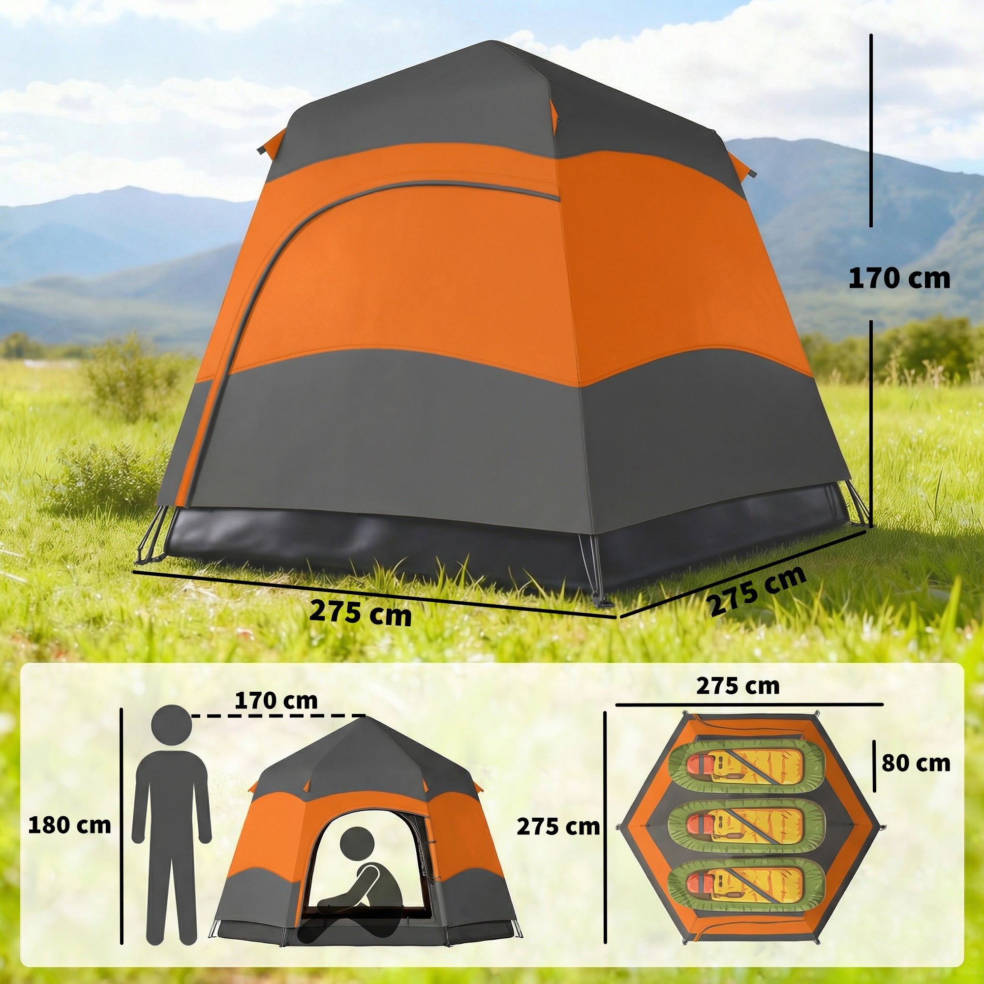 Outsunny Double Layer Instant Pop Up Tent with Rainfly, Portable Camping Shelter with Sewn-in Groundsheet and Carry Bag, Orange 