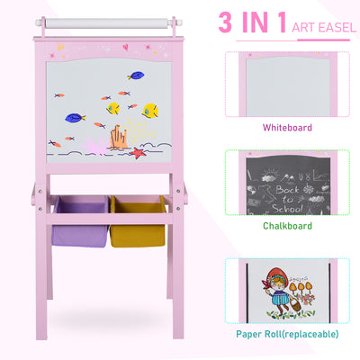 HOMCOM Kids Easel 3 in 1 Wooden Art Easel with Paper Roll Double-Sided Chalkboard & Whiteboard with Storage Baskets for Toddler Girls, Pink 