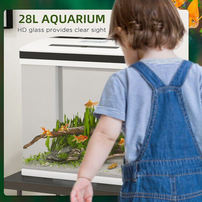 PawHut 28L Glass Aquarium Fish Tank with Filter, LED Lighting, for Betta, Guppy, Mini Parrot Fish, Shrimp, 38 x 26 x 39.5cm 