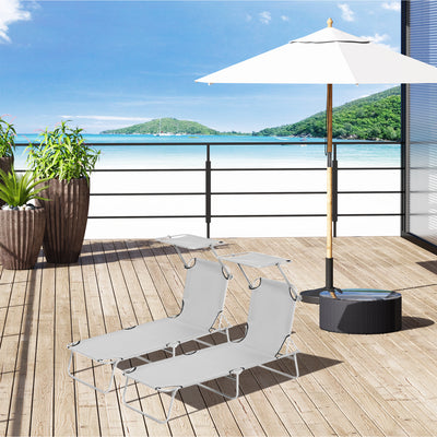 Outsunny 2 Pieces Outdoor Foldable Sun Lounger, 4 Level Adjustable Backrest Reclining Sun Lounger Chair with Angle Adjust Sun Shade Awning for Beach, Garden, Patio, Light Grey 