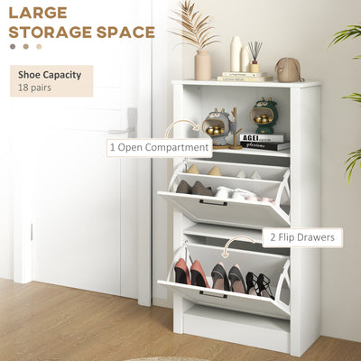 HOMCOM Modern Shoe Cabinet with 2 Flip Drawers and Adjustable Shelves, Narrow Shoe Storage Cabinet with Open Compartment, Holds 10 Pairs for Entryway, Hallway, White 