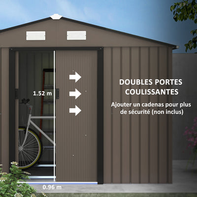 Outsunny 9 x 6ft Metal Garden Shed, Outdoor Storage Tool House with Ventilation Slots, Foundation Kit and Lockable Double Doors, Brown 