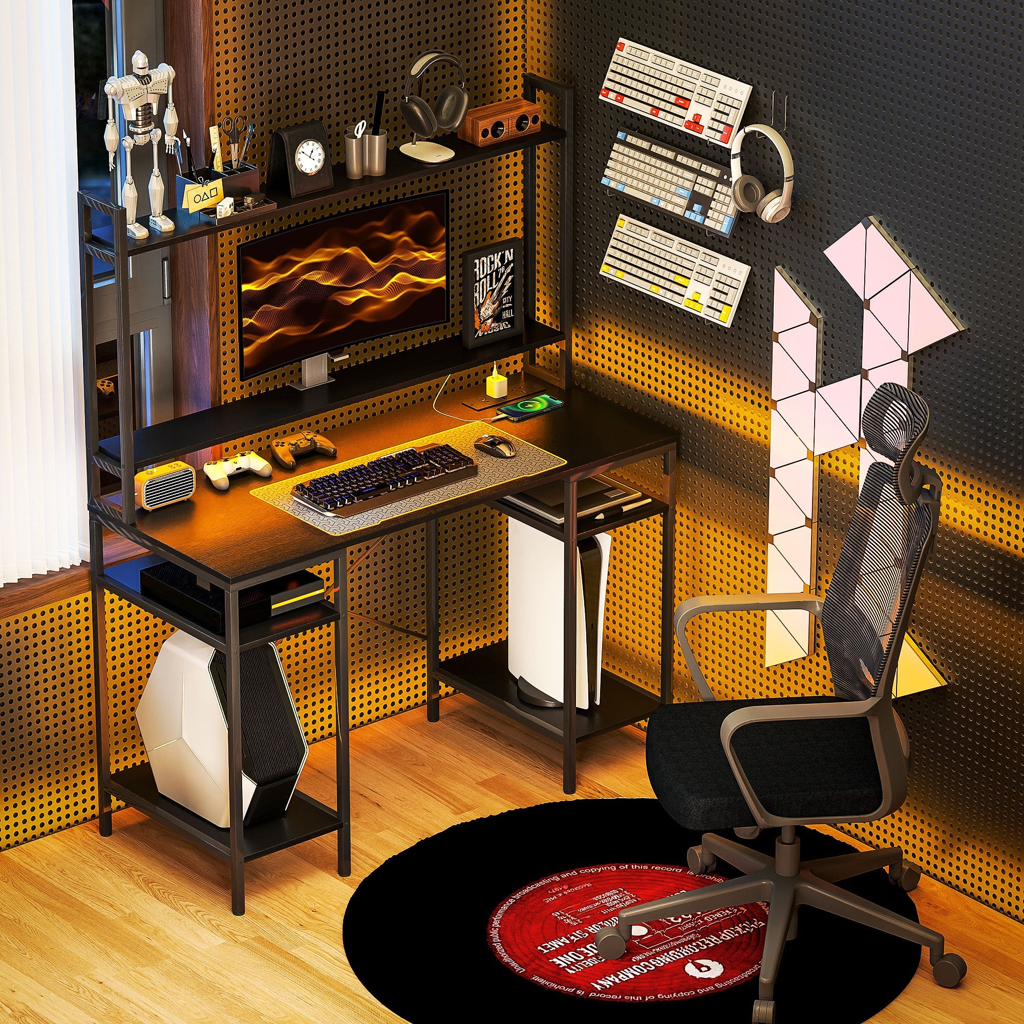 HOMCOM Computer Desk with Power Outlets and LED Lights, Home Office Desk with Monitor Stand and 2 CPU Stands, Study Table Gaming Desk with Hutch, Black 