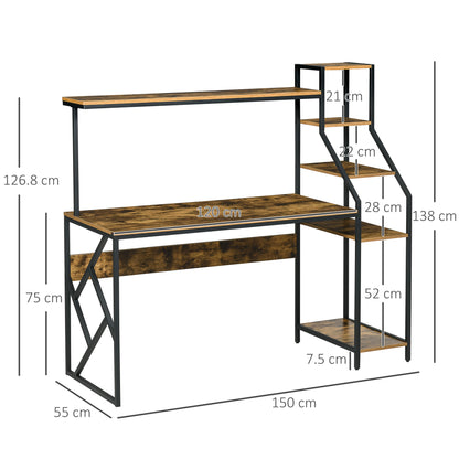 HOMCOM Computer Desk with Bookshelf, Industrial Writing Table with 6 Tier Storage Shelves for Home Office, Bedroom, Study, 150 x 55 x 138cm, Rustic Brown 