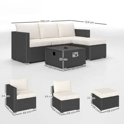 Outsunny Five Piece Rattan Garden Furniture Set with Gas Fire Pit Table and Footstool - Black and Cream White 