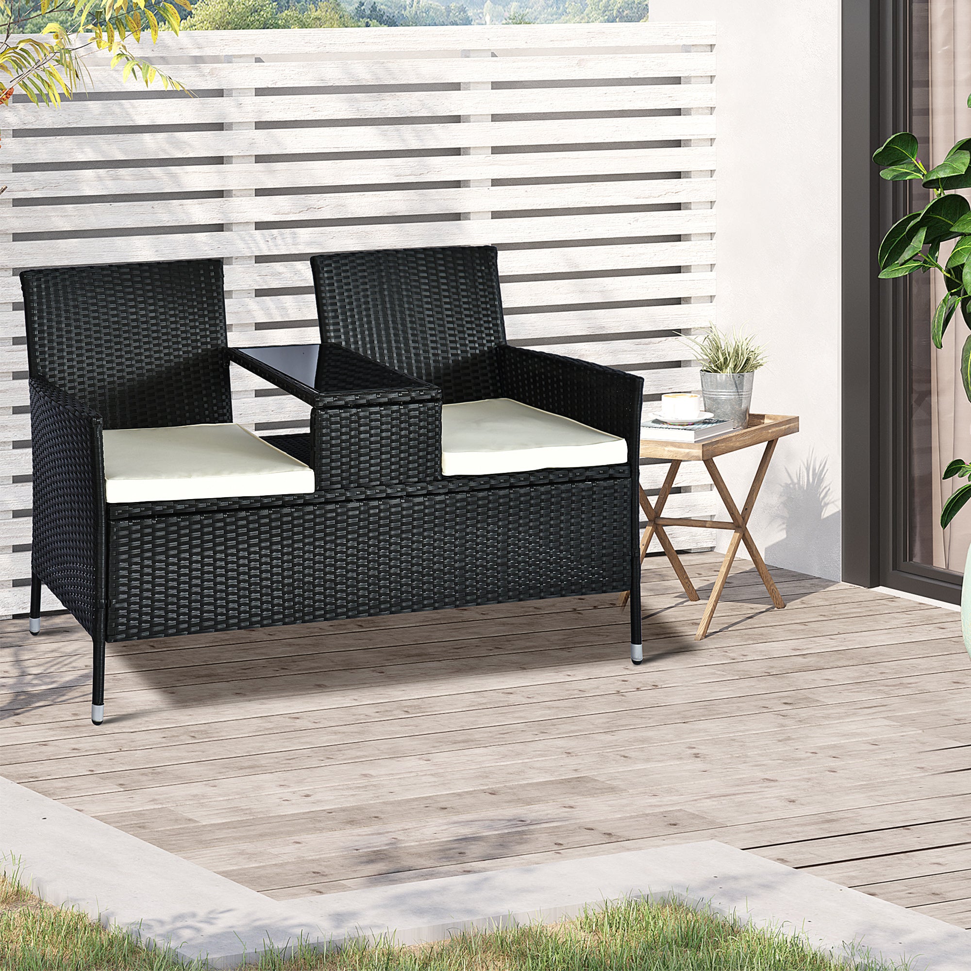 Outsunny 2 Seater Rattan Campanion Chair Wicker Loveseat Outdoor Patio Armchair with Drink Table Garden Furniture - Black 