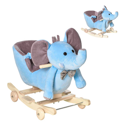 HOMCOM 2 In 1 Plush Baby Ride on Rocking Horse Elephant Rocker with Wheels Wooden Toy for Kids 32 Songs for 18+ Months (Blue) 