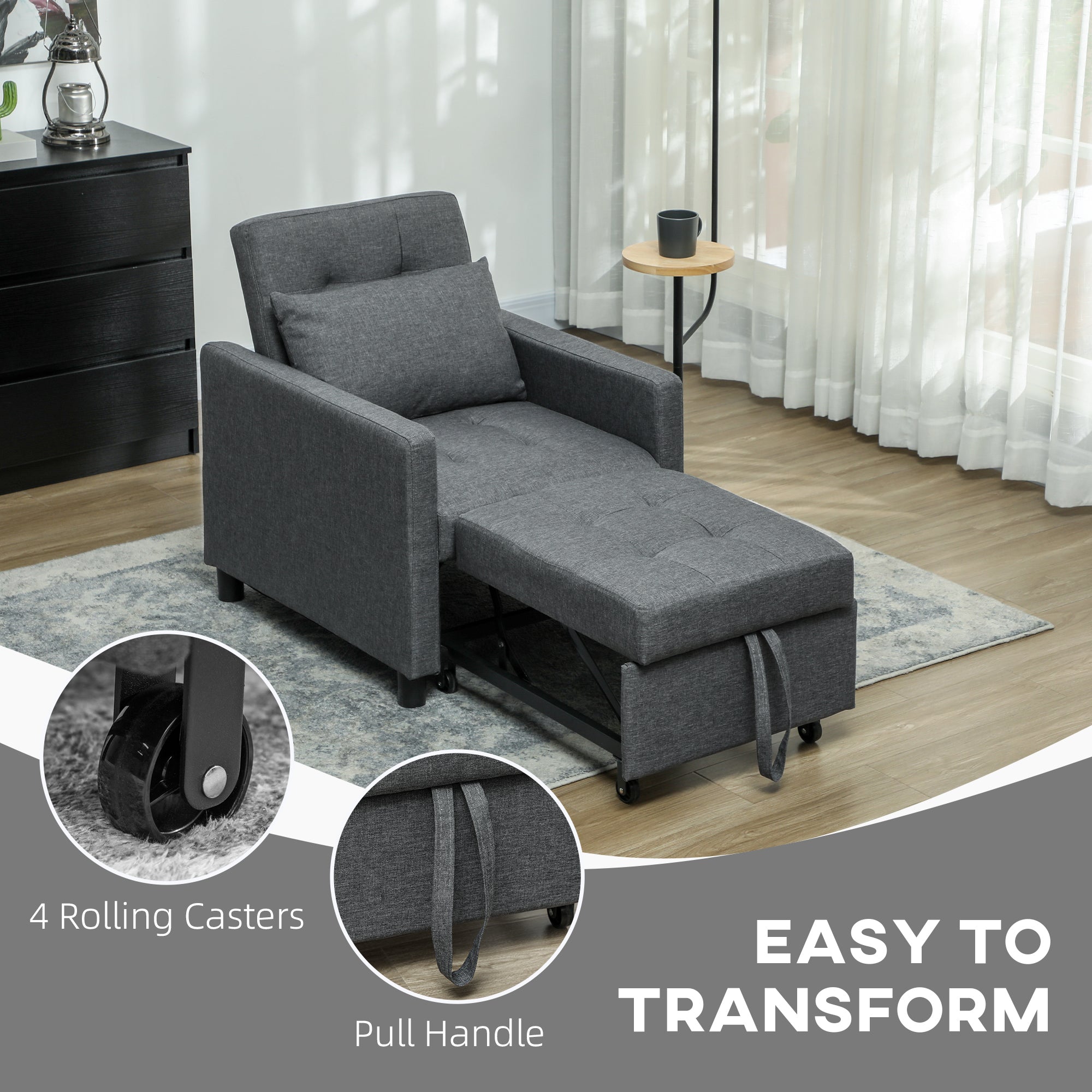HOMCOM 3-In-1 Chair Bed, Convertible Sleeper Chair with Adjustable Backrest, Pillow and Footrest for Living Room, Dark Grey 