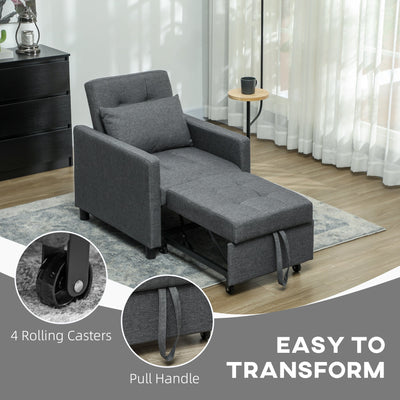 HOMCOM 3-In-1 Chair Bed, Convertible Sleeper Chair with Adjustable Backrest, Pillow and Footrest for Living Room, Dark Grey 