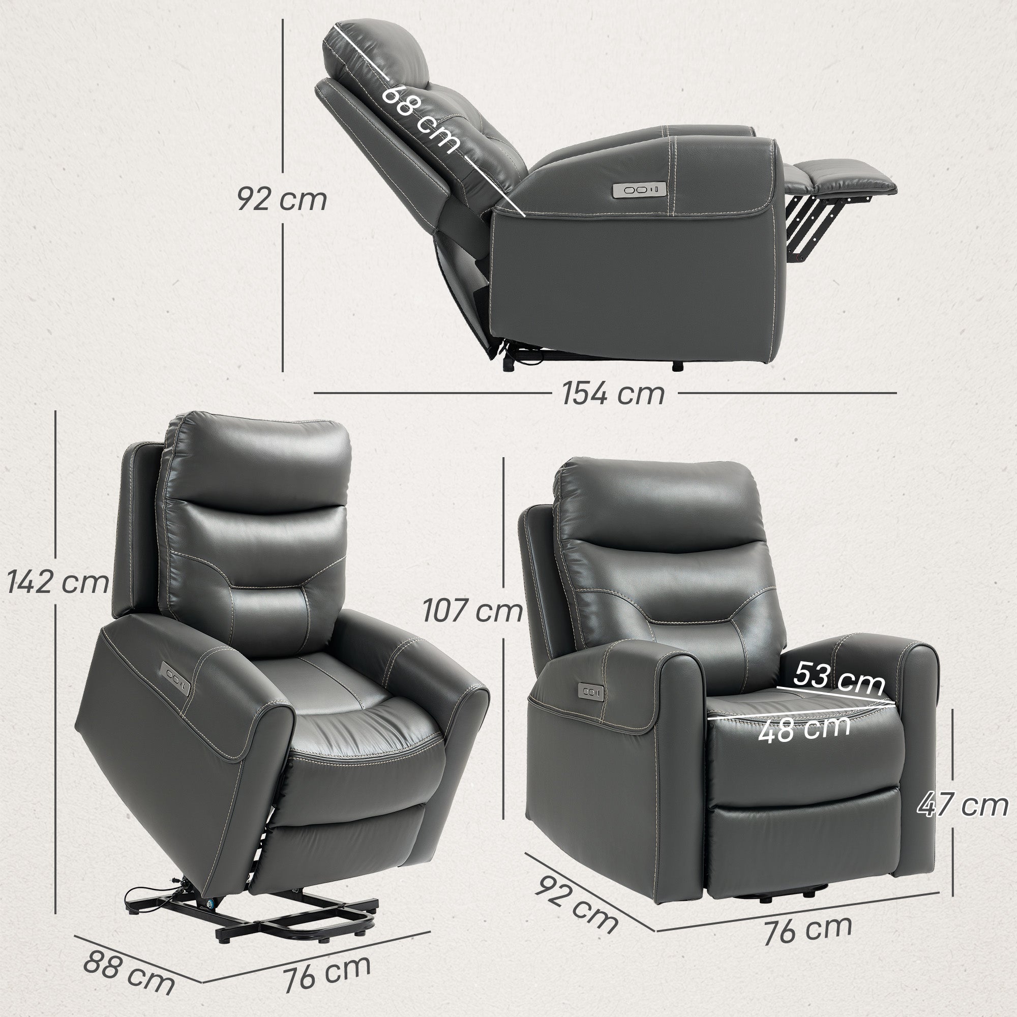 HOMCOM Power Lift Recliner Chair for Elderly, Overstuffed Faux Leather Riser and Reclining Chair with USB A+C Ports, Remote Control, Recliner Armchair for Living Room, Charcoal Grey 