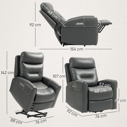 HOMCOM Power Lift Recliner Chair for Elderly, Overstuffed Faux Leather Riser and Reclining Chair with USB A+C Ports, Remote Control, Recliner Armchair for Living Room, Charcoal Grey 