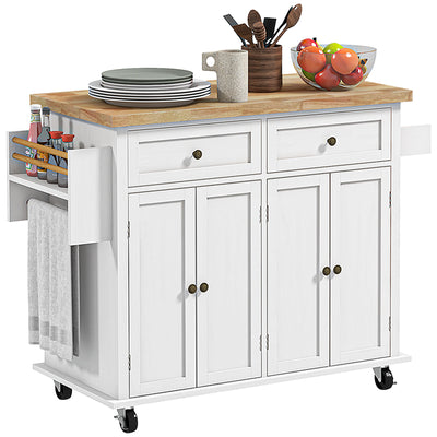 HOMCOM Rolling Kitchen Island Storage Trolley with Rubber Wood Top & Drawers for Dining Room, White 