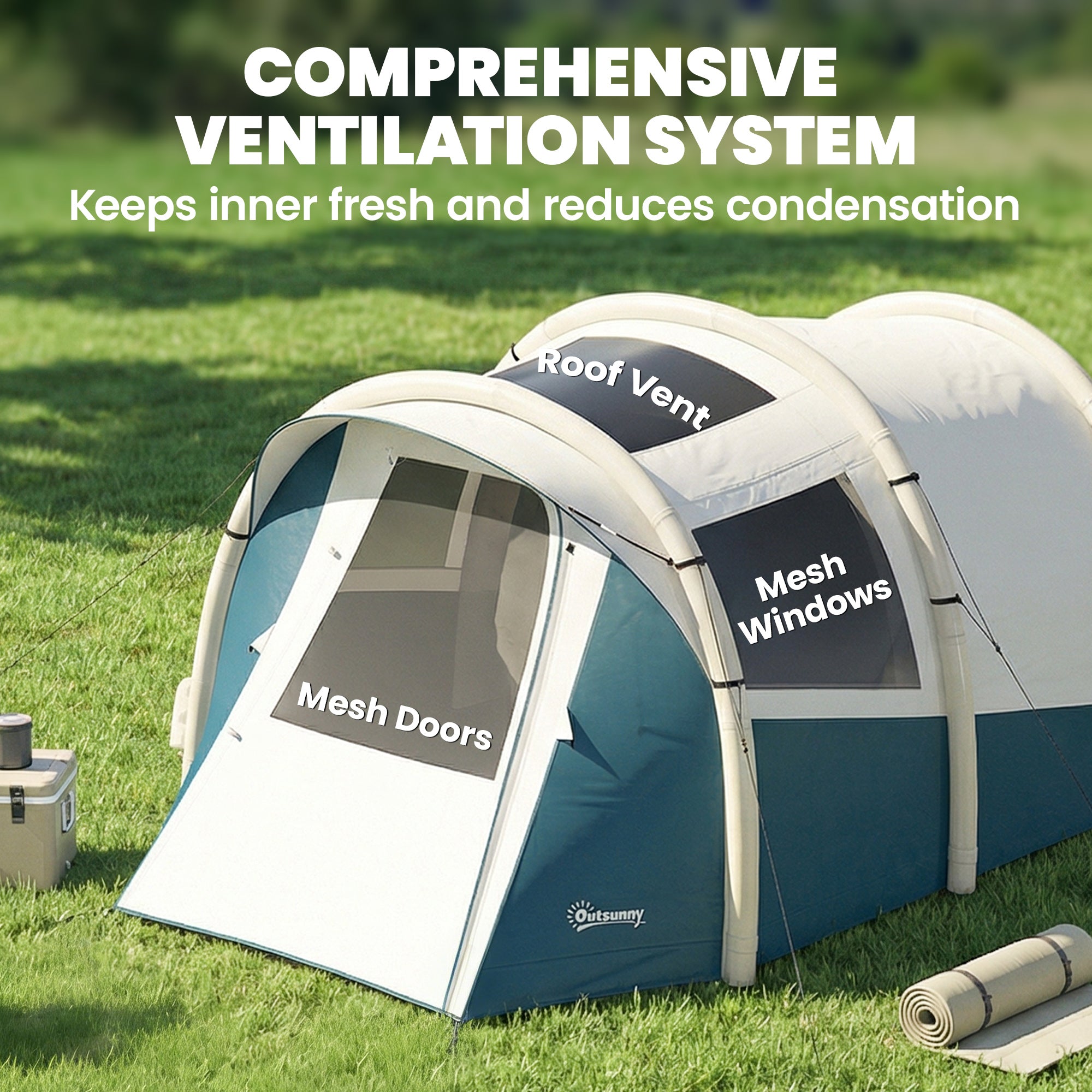 Outsunny Inflatable Camping Tent w/ Air Pump, Easy Setup 2-3 Person Blow Up Tent, Green 