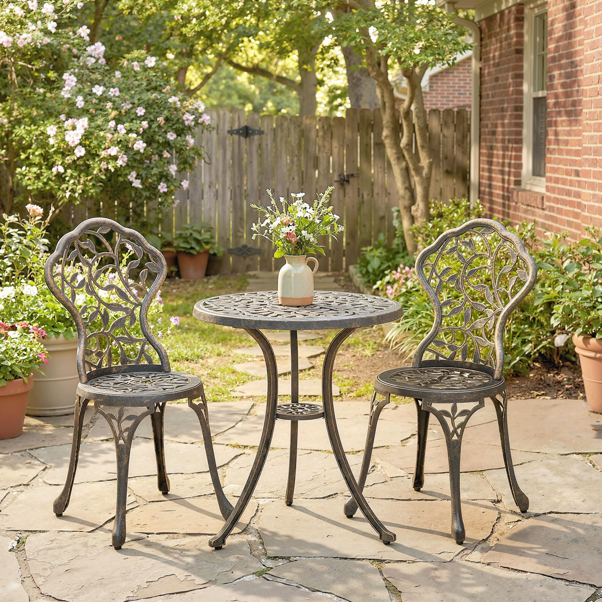 Outsunny 3 Pcs Aluminium Bistro Set Garden Furniture Dining Table Chairs Outdoor Seat Patio Seater Brown 