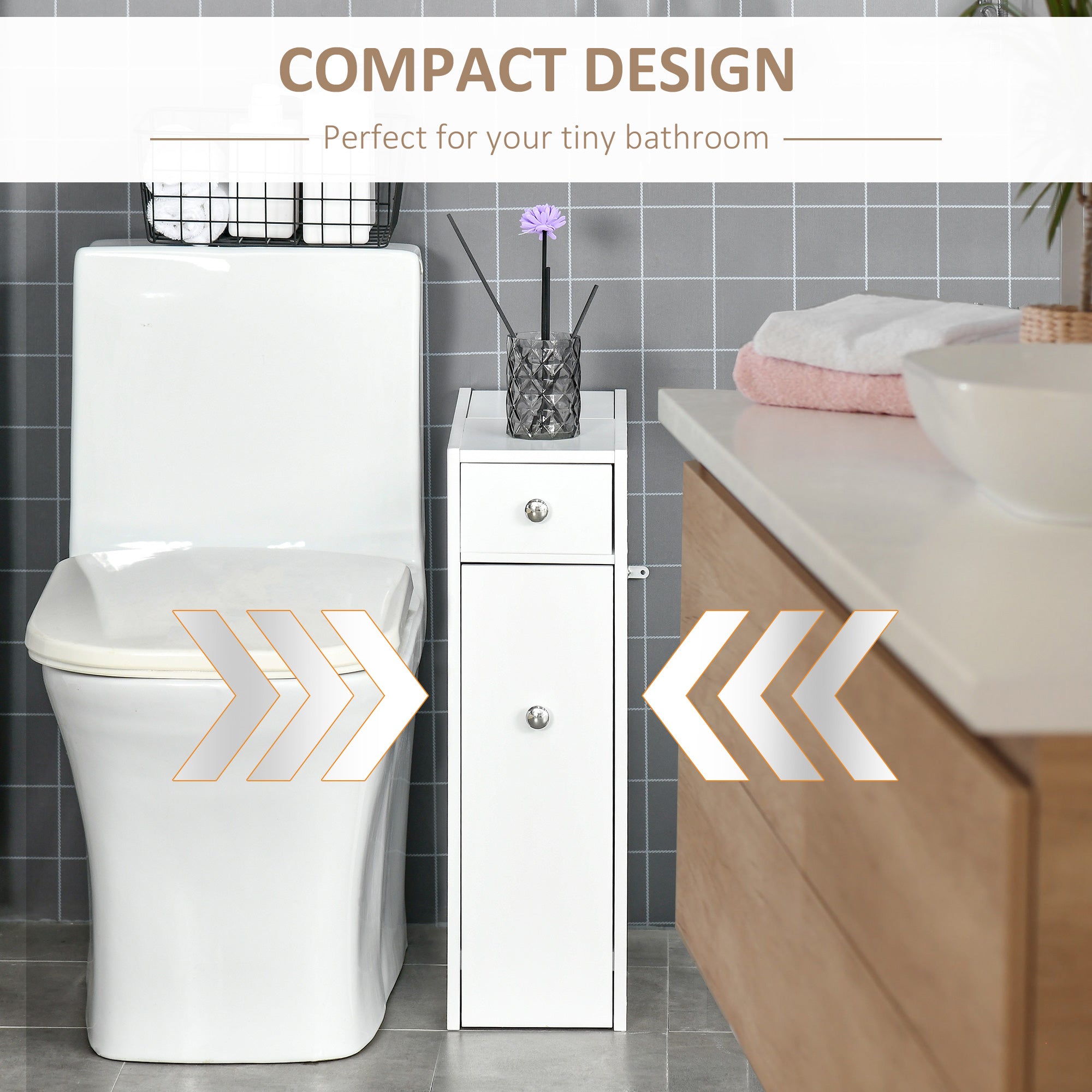 HOMCOM Bathroom Slim Floor Cabinet Narrow Wooden Storage Home Bath Toilet Cupboard Organiser Unit with Drawers White 