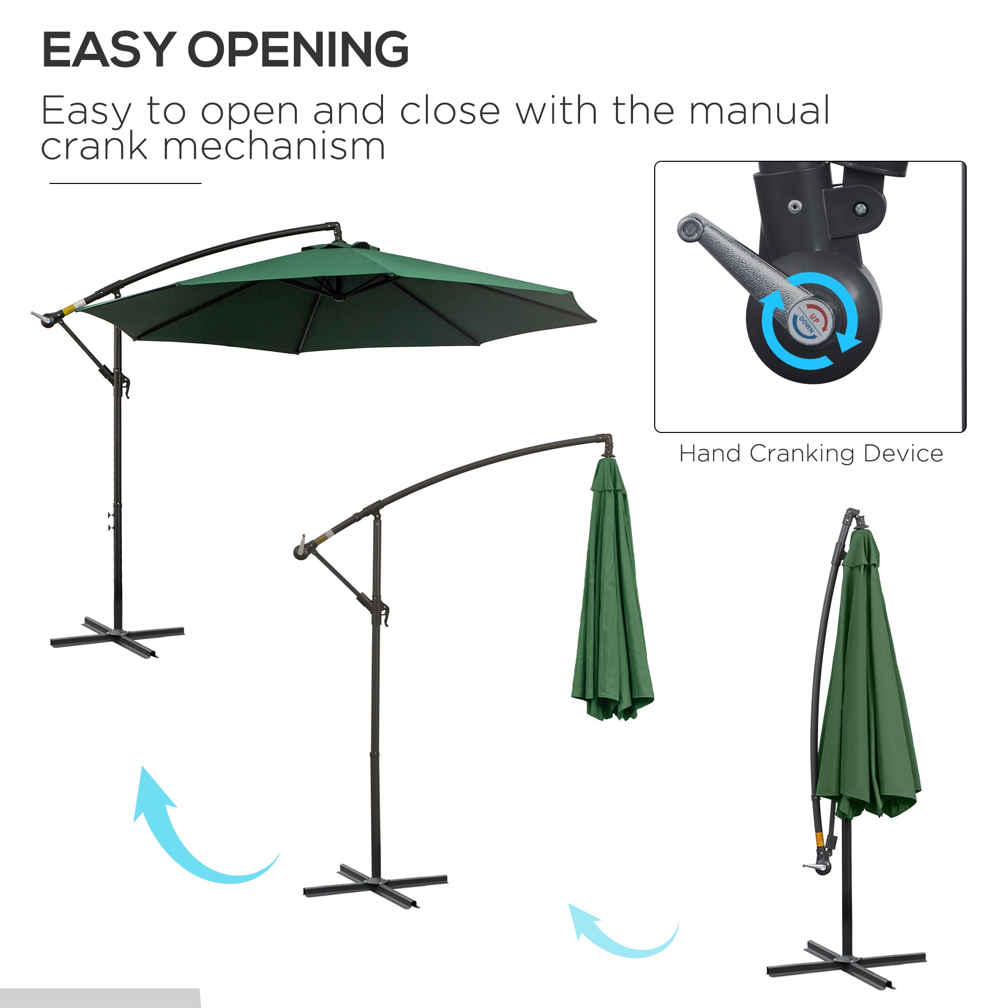 Outsunny 3(m) Banana Parasol Hanging Cantilever Umbrella with Crank Handle, 8 Ribs and Cross Base for Outdoor, Sun Shade, Dark Green 