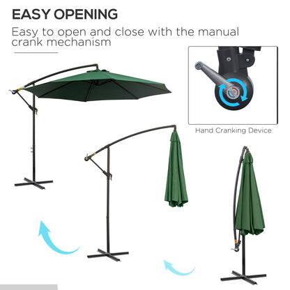 Outsunny 3(m) Banana Parasol Hanging Cantilever Umbrella with Crank Handle, 8 Ribs and Cross Base for Outdoor, Sun Shade, Dark Green 
