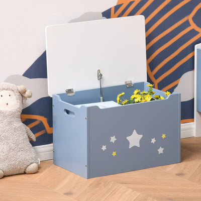 HOMCOM Kids Wooden Toy Box Children Storage Chest Organiser Side Handle Safety Hinge Play Room Furniture Blue 