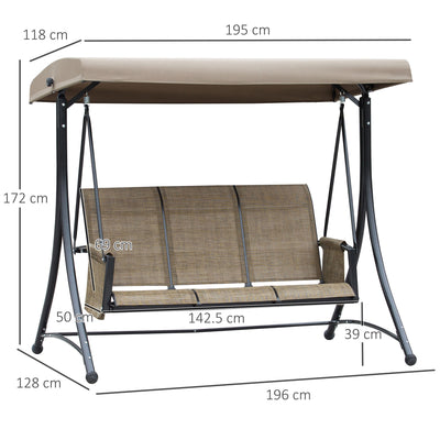 Outsunny 3 Seater Garden Swing Seat Outdoor Swing Chair with High Back Design, Steel Frame, Side Pouches, Adjustable Canopy, Brown 
