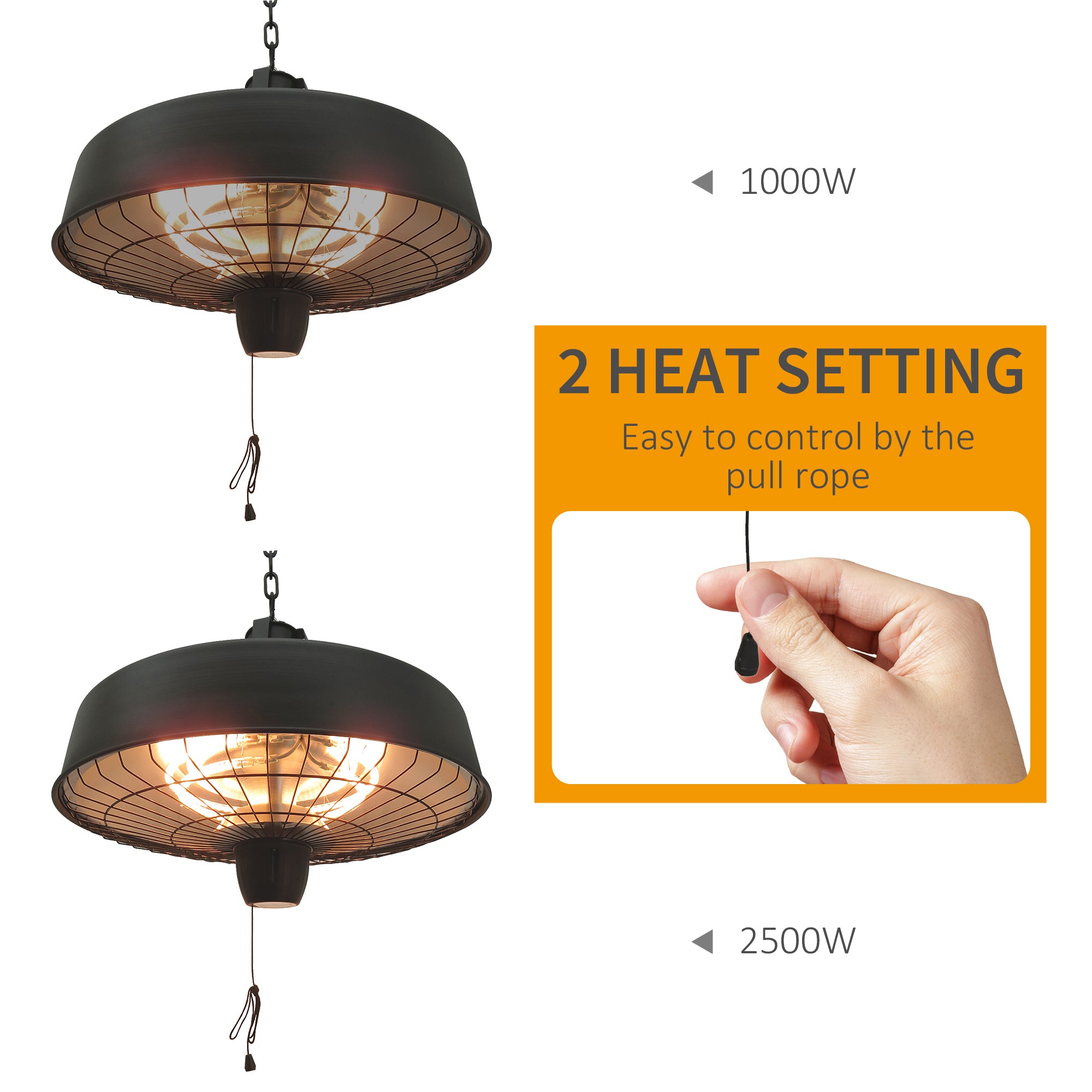 Outsunny Adjustable Power 1000/2500W Infrared Halogen Electric Patio Light Heater, Ceiling Hanging Mount -Black 