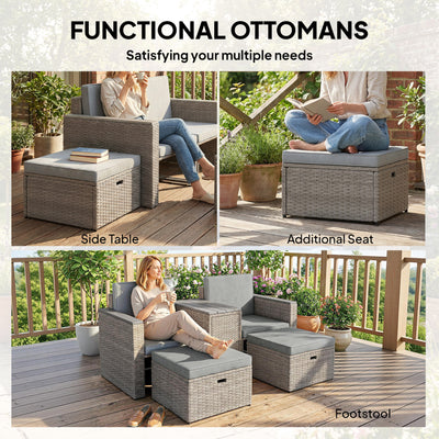 Outsunny 5 Piece Rattan Garden Furniture Set with Storage Table, Footstools, Cushions, Dark Grey 