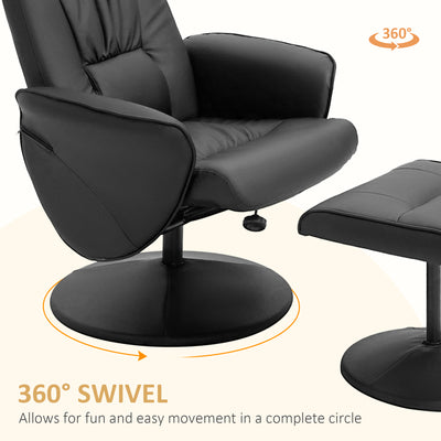 HOMCOM Swivel Recliner Chair with Footstool, PU Leather Armchair and Ottoman with High Back and Round Base for Living Room, Black 