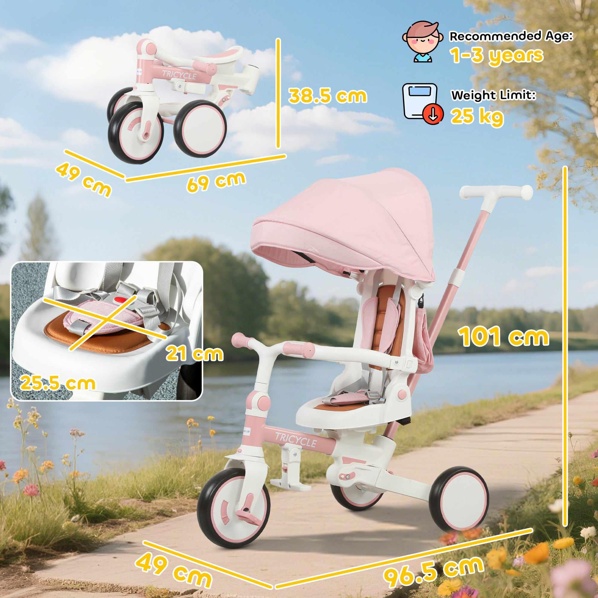 AIYAPLAY 5 in 1 Kids Trike with Adjustable Backrest, Toddler Tricycle with Push Handlebar, Adjustable Backrest, Pink