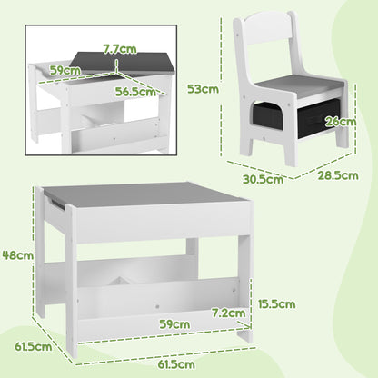 HOMCOM Three-Piece Kids Table and Chair Set with Blackboard, Storage, Bookshelves - Grey 