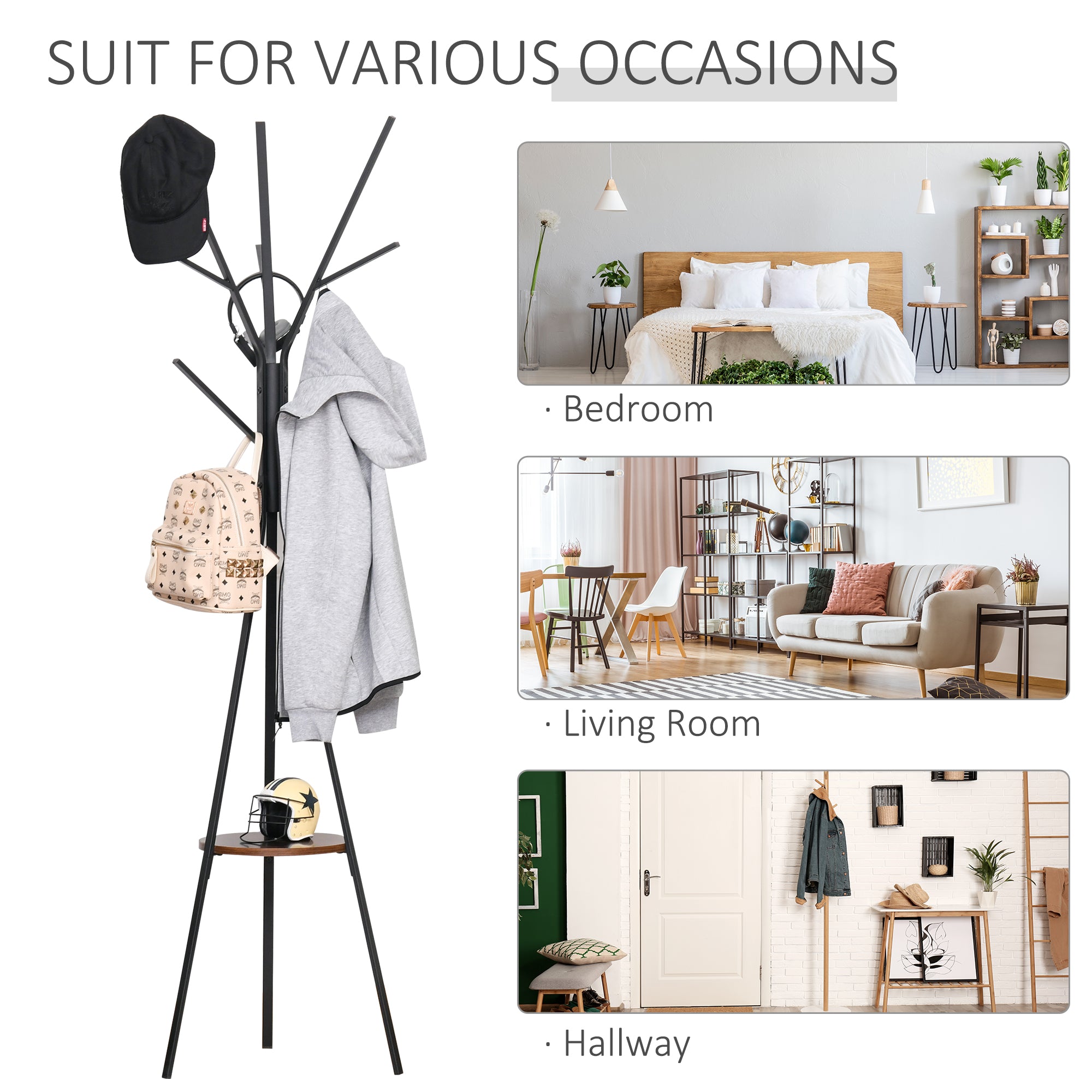 HOMCOM Freestanding Metal Coat Rack Stand 9 Hooks Clothes Tree with 1 Shelf Hat Display Hall Tree Hanger Bag Umbrella Hanging Organiser Brown 