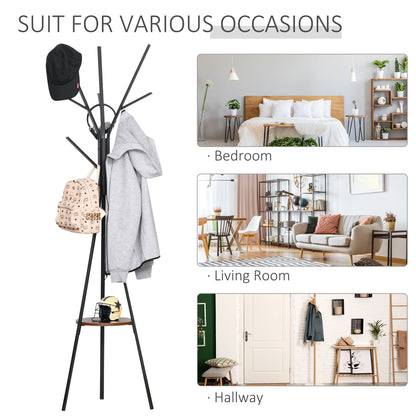 HOMCOM Freestanding Metal Coat Rack Stand 9 Hooks Clothes Tree with 1 Shelf Hat Display Hall Tree Hanger Bag Umbrella Hanging Organiser Brown 
