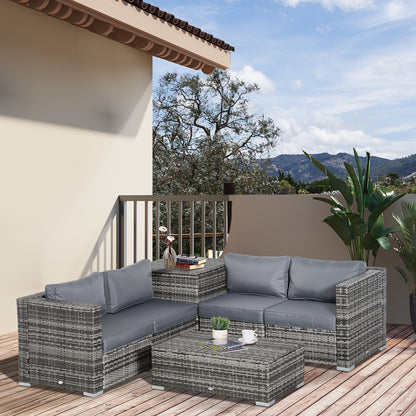 Outsunny 6PC Rattan Corner Sofa Set Wicker 4 Seater Garden Storage Coffee Table Conversation Ottoman Outdoor Weave Furniture w/ Cushion Grey 