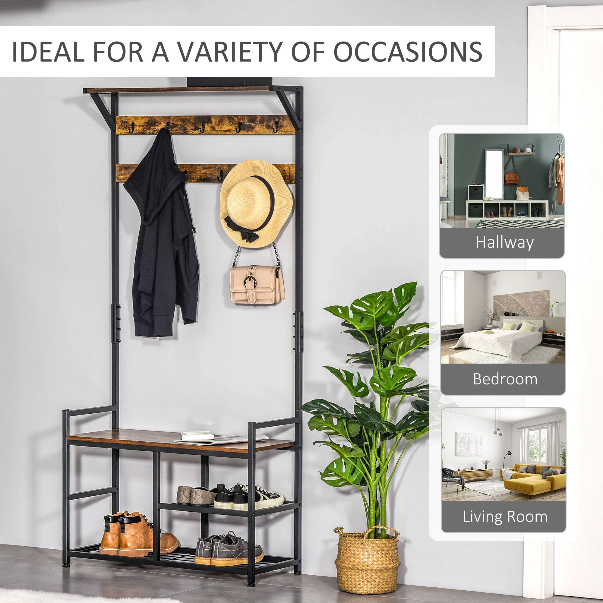 HOMCOM Coat Rack Stand Shoe Storage Bench with 9 Hooks Shelves for Bedroom Living Room Entryway Brown and Black 180cm 