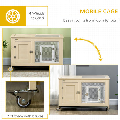 PawHut Rabbit Hutch, with Wheels, Removable Tray, Openable Roof, for 1-2 Rabbits - Oak Tone