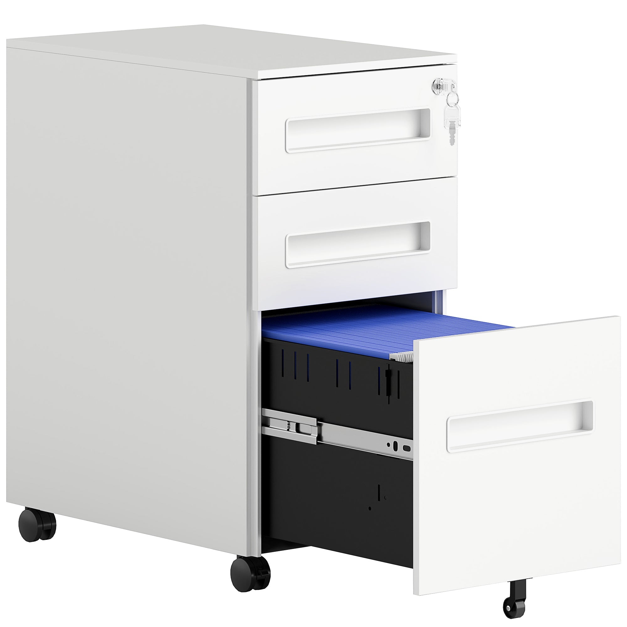 Vinsetto Metal Mobile File Cabinet with Wheels, Lockable 3 Drawer Filing Cabinet for A4, Legal, Letter, Compact Under Desk Storage Unit with Pre-Assembled Body for Home Office, 30 x 43.5 x 60cm, White 
