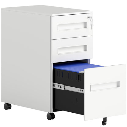 Vinsetto Metal Mobile File Cabinet with Wheels, Lockable 3 Drawer Filing Cabinet for A4, Legal, Letter, Compact Under Desk Storage Unit with Pre-Assembled Body for Home Office, 30 x 43.5 x 60cm, White 
